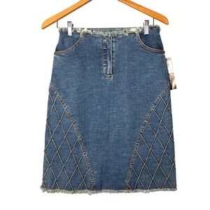 Denim Midi Skirt NWT Women's Size 5/6 Quilted Funky Mid Length‎ Fringe Med Wash